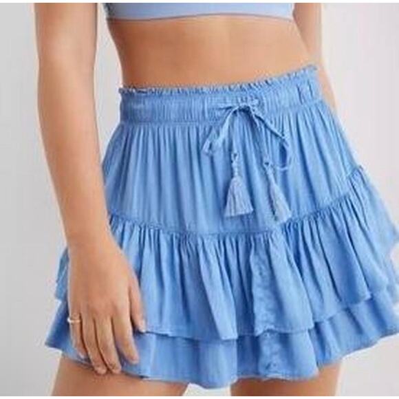 Aerie Sweet N Silky Satin Ruffle Tiered Mini Skirt Blue Sz L Flowy Y2K Western - Picture 1 of 9